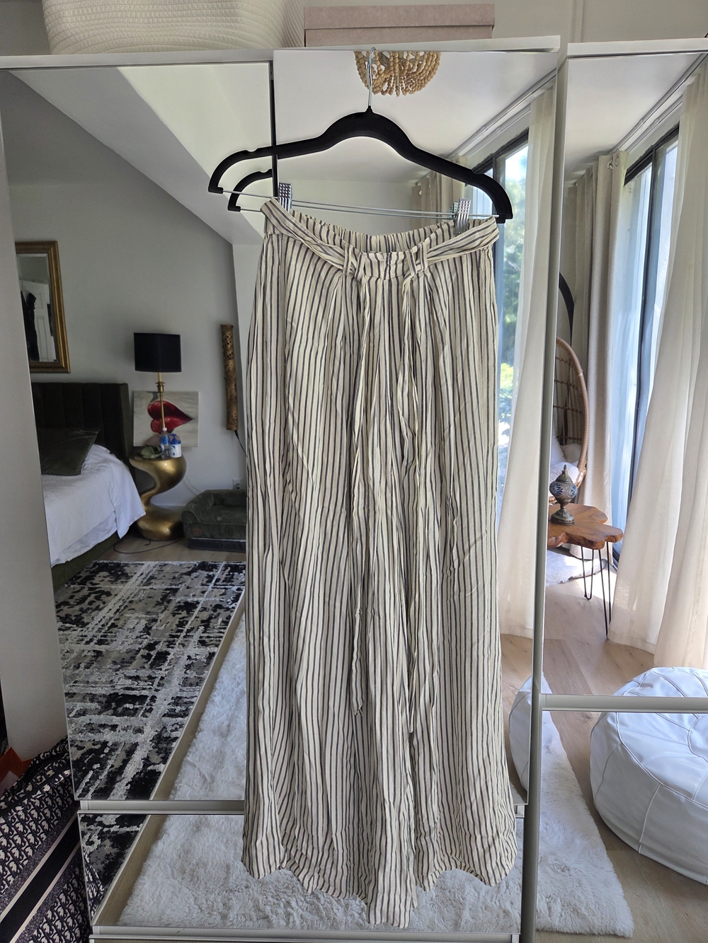 American Eagle Outfitters Cream and Black Striped Wide-Leg Pants